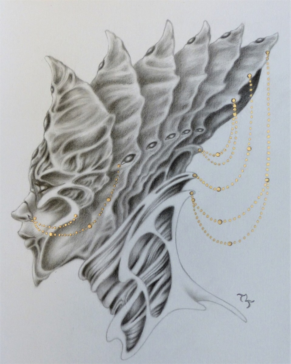 Elegante ~ Original graphite and gold ink 8x10 framed: $400 ~ 11x14 prints $30