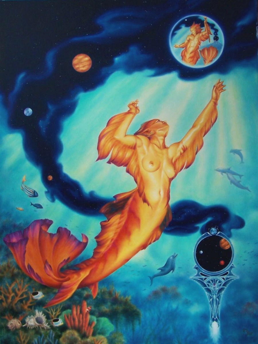 Across The Cosmic Sea ~ Original oil 30x40 on Strathmore illustration board $4000 ~ 11x14 prints $30