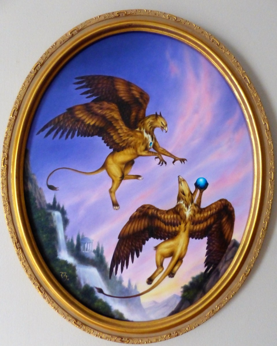 Will You Play With Me? (Griffins) ~ Original oil 16"oval framed: $1250