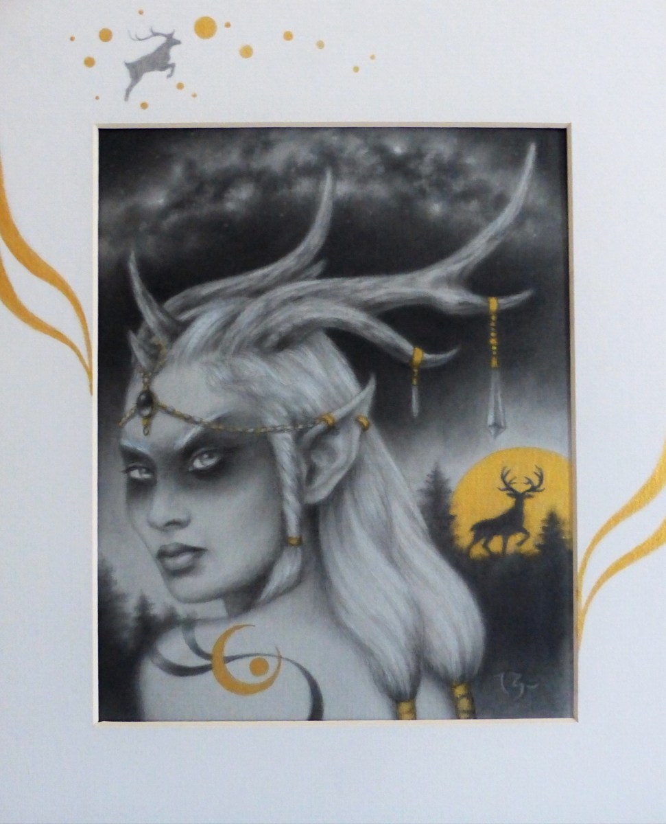 Golden Buck Moon 8x10 Graphite/Charcoal in 11x14 embellished mat ~ $500