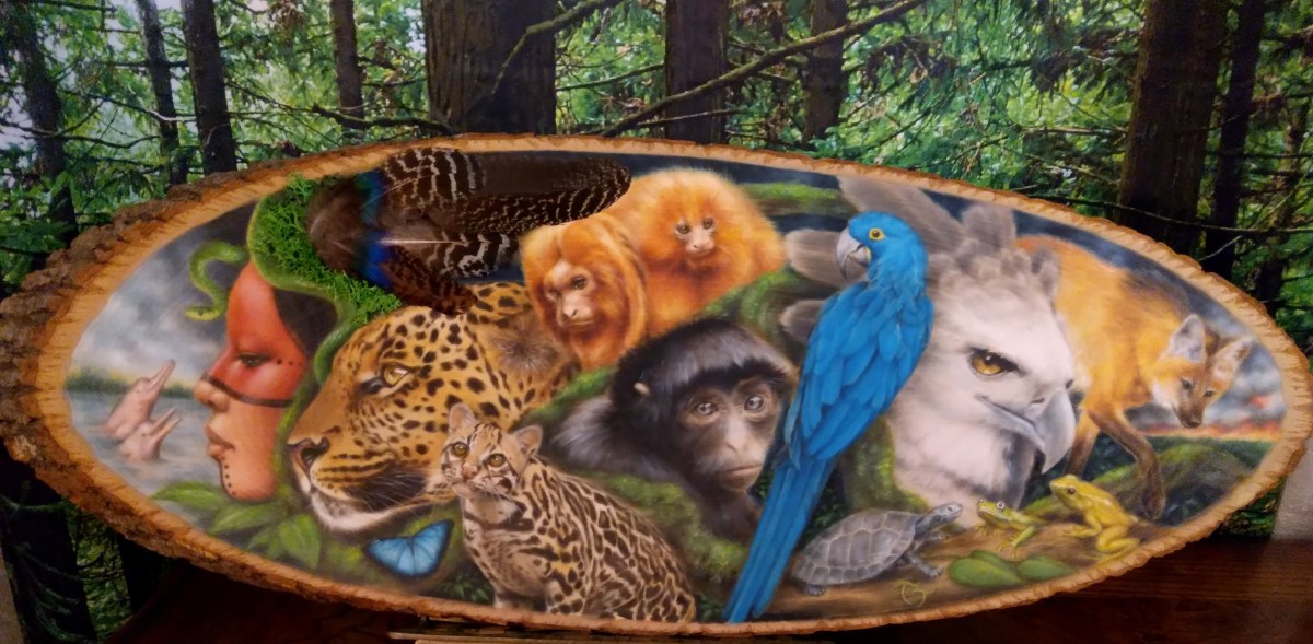 Endangered ~ Mixed Media Oil on wood with feathers 29x11 $1800 ~ Paying homage to endangered species and indigenous tribes of the Amazon Rainforest
