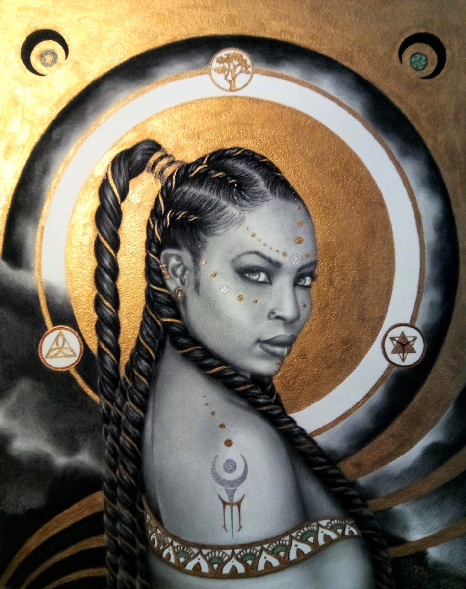 Priestess ~ Graphite/ Charcoal/Metallic Gold Acrylic ~ 13x17 $1200 (matted & framed)