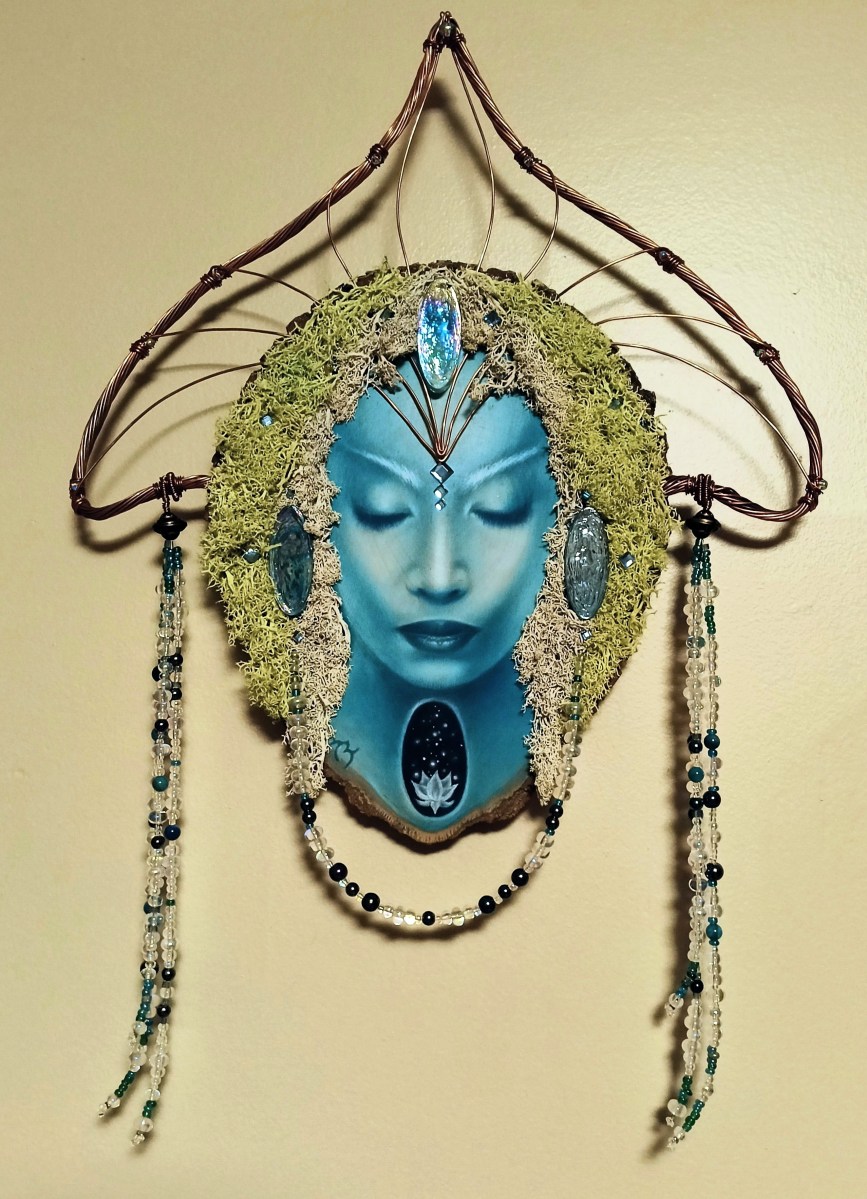 Blue Tara ~ Mixed Media wood, oil paint, copper wire, beadwork, glass 14x20 - $600
