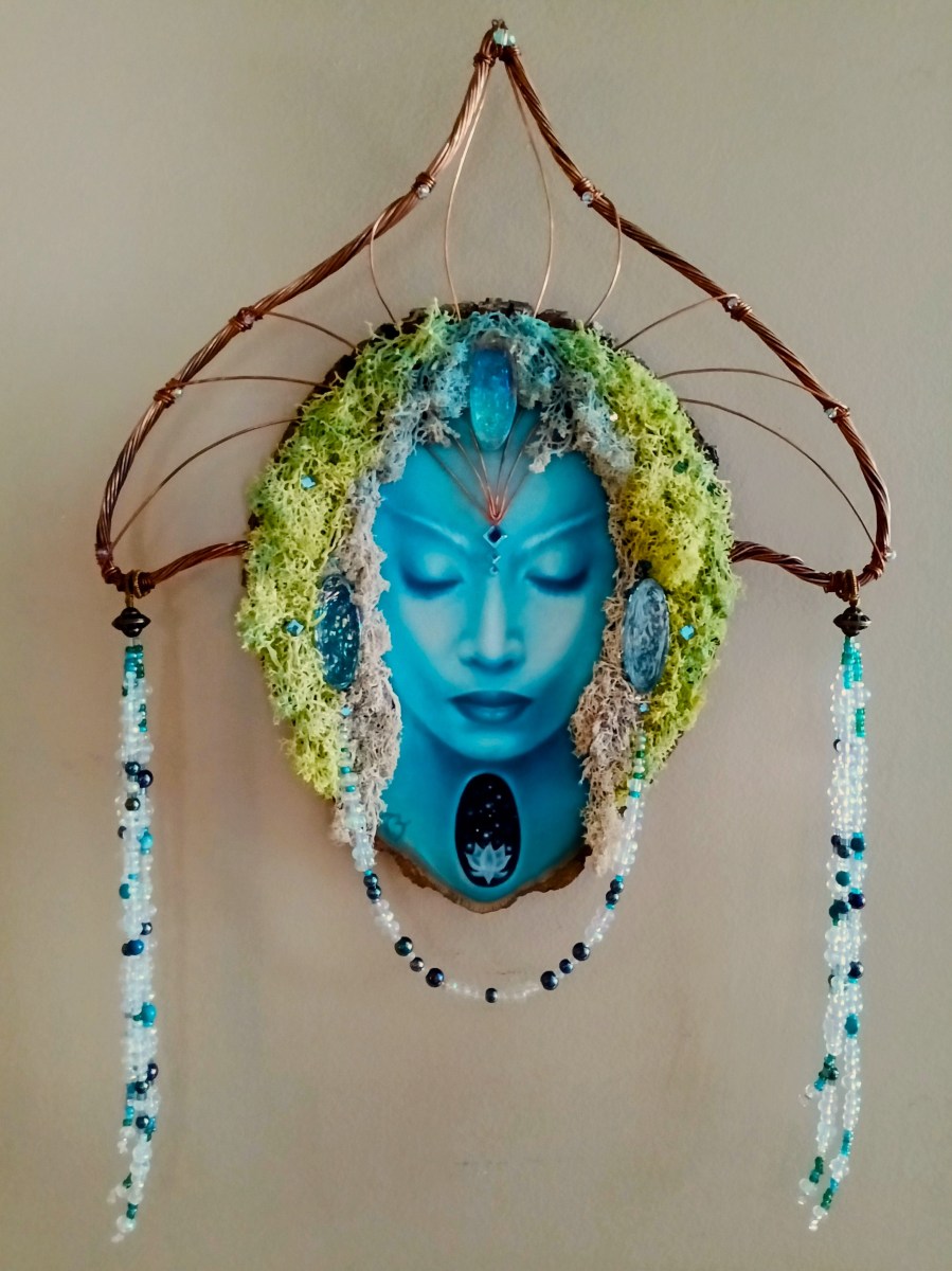 Blue Tara ~ Mixed Media wood, oil paint, copper wire, beadwork, glass 14x20 - $700