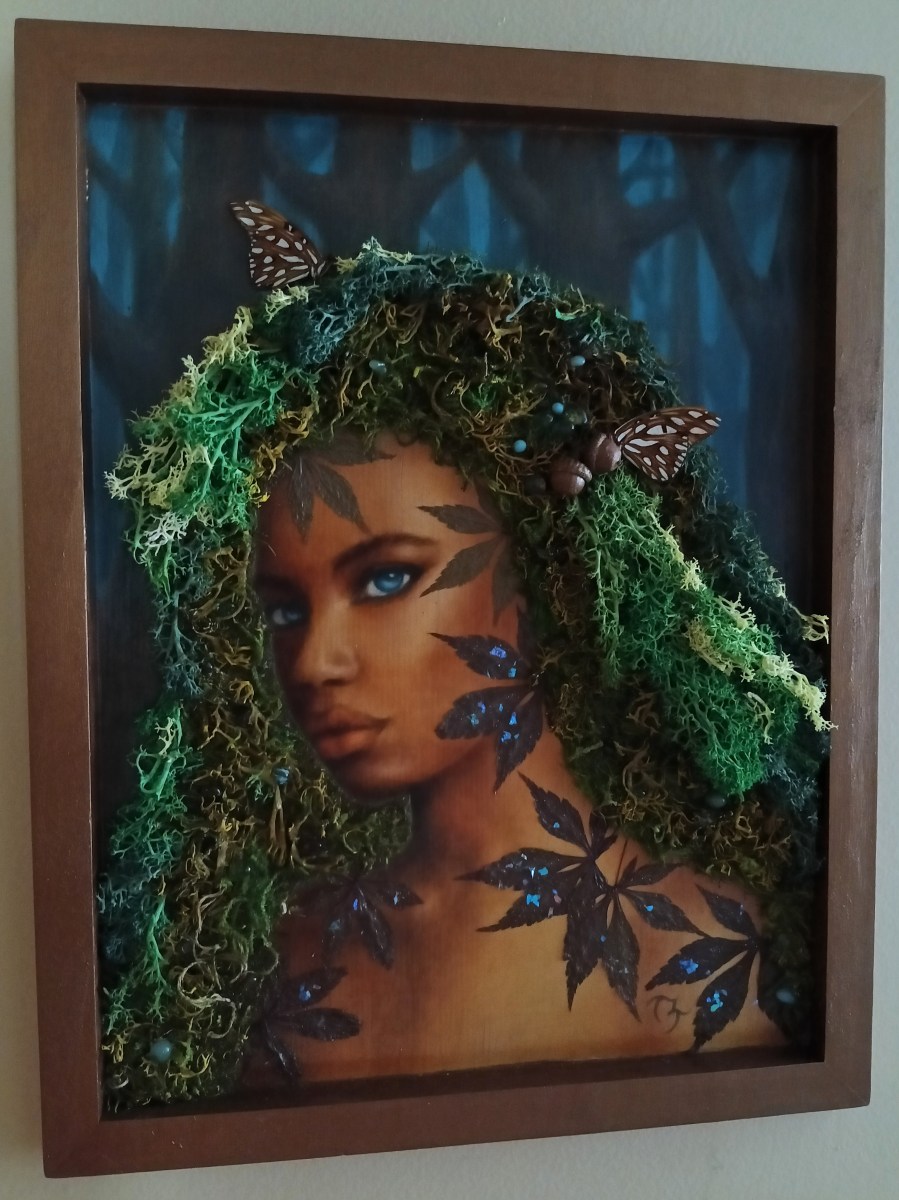 Gaia's Daughter ~ Oil on 11x14 cradled wood, moss, preserved leaves, real butterfly wings, acorns, blue mica, tumbled stones ~ $800