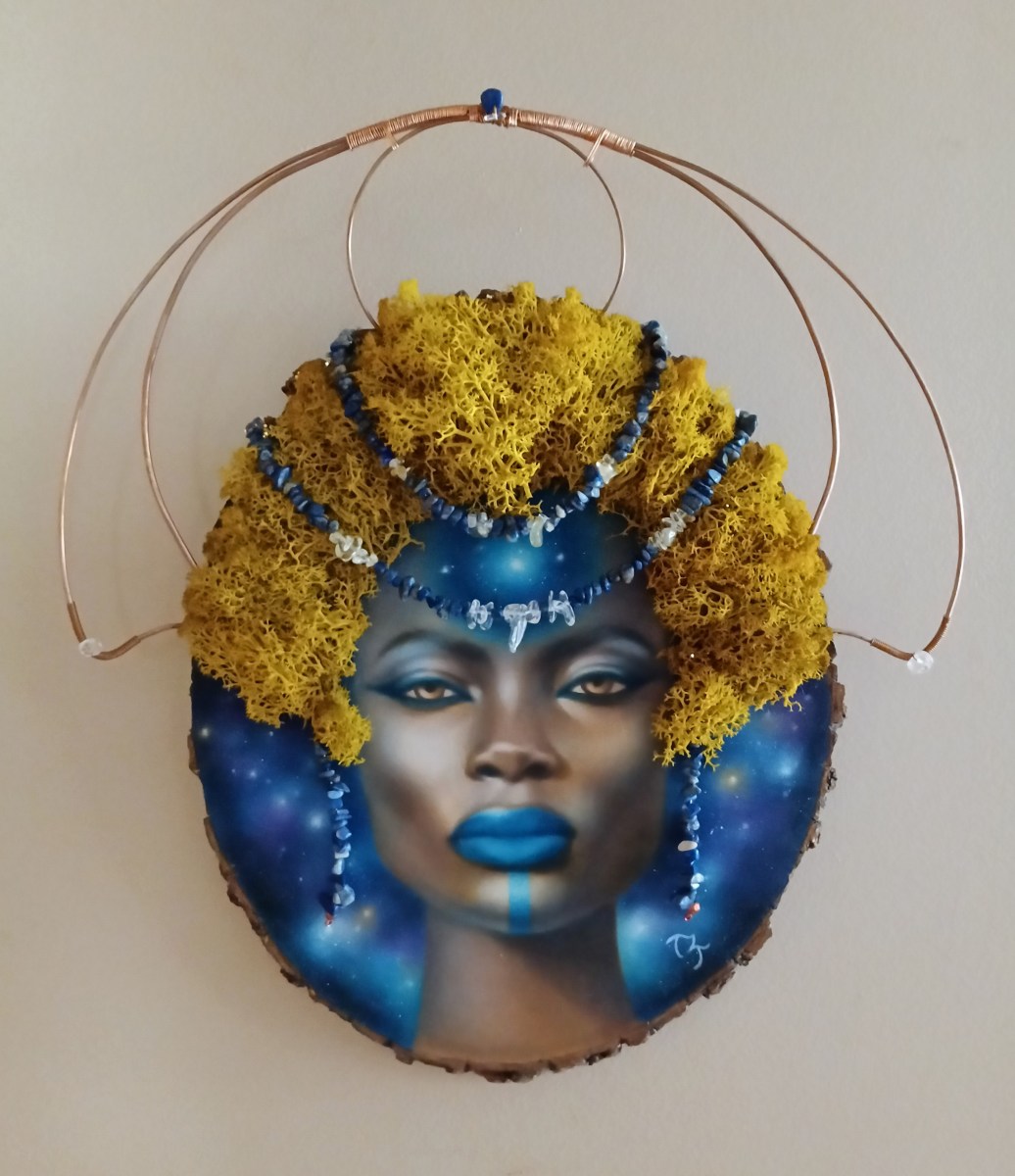 Starseed Sistah ~ Oil on wood, copper wire, moss, blue jasper and quartz earrings with detachable/wearable necklace ~ $900